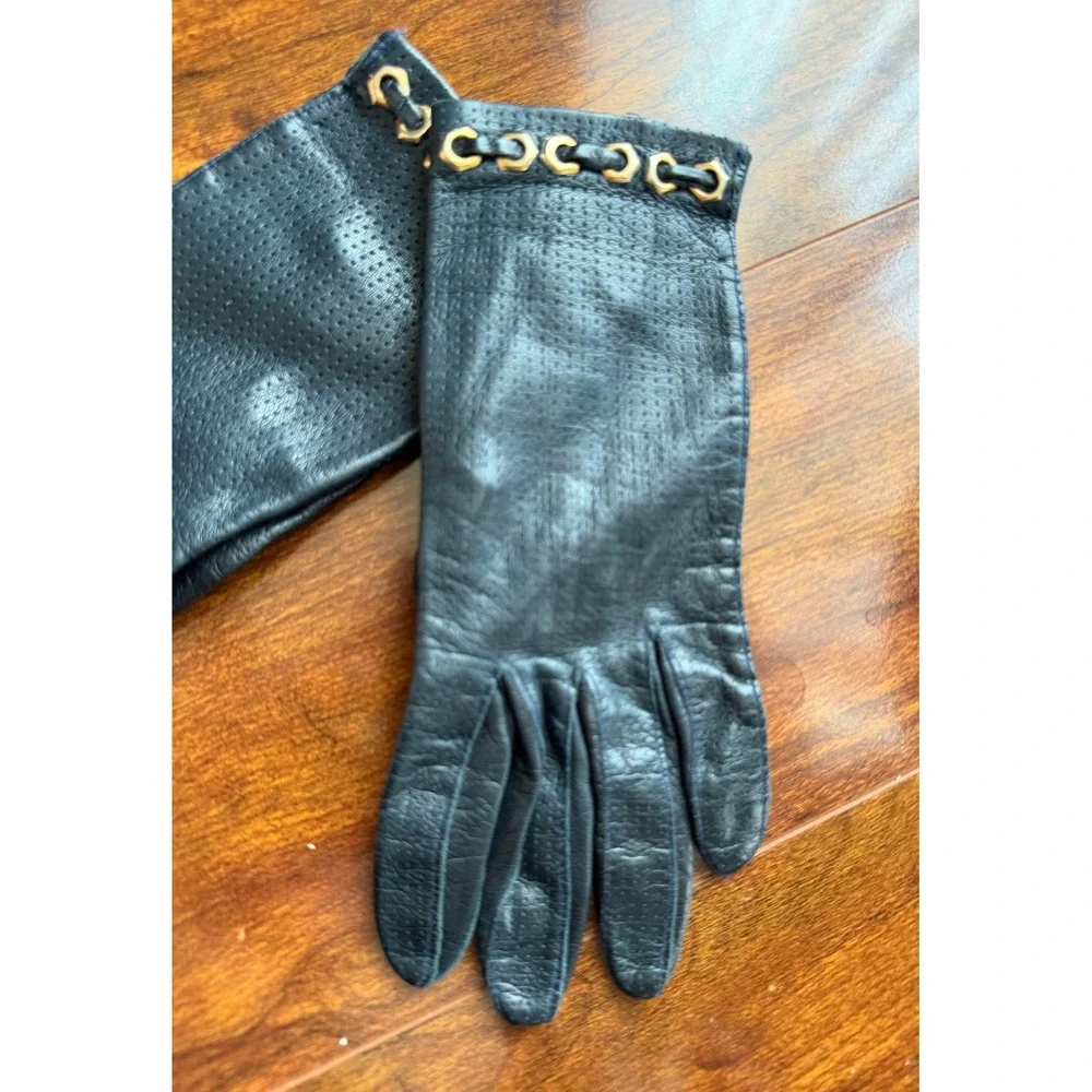 Black Perforated Leather Gloves Gold Chain Link  Vintage  Women's classic